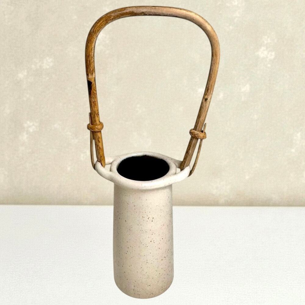 Vase Studio Art Pottery Speckled Stoneware Rattan Handle Organic Basket Decor